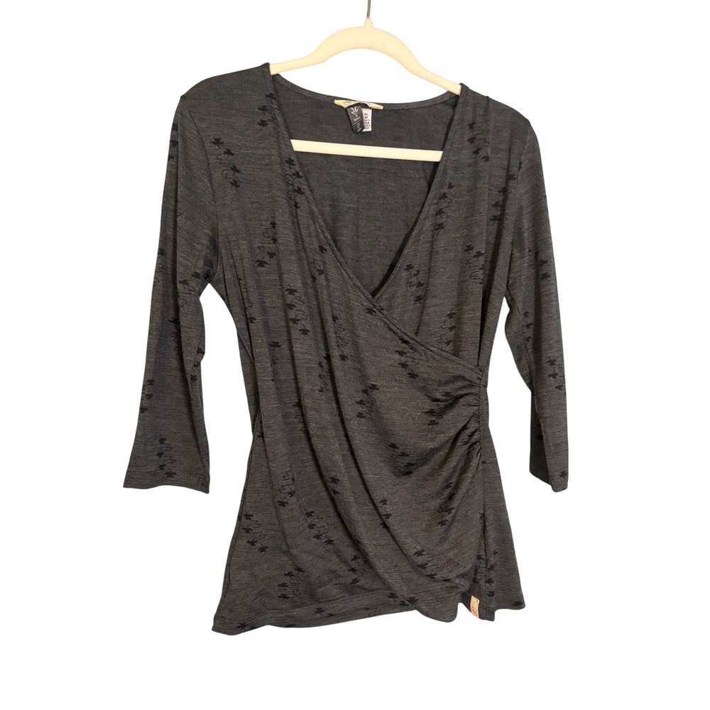 Ibex Womens Merino Wool Wrap Top Gray 3/4 Sleeve Side Ruched V-Neck Print Medium